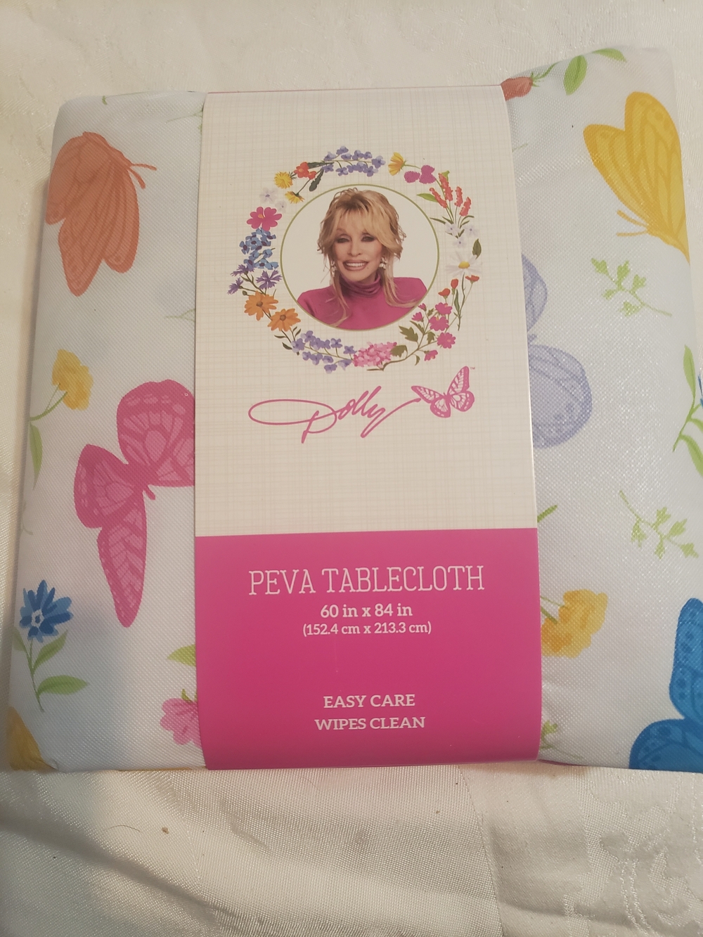 Dolly Parton PEVA Tablecloth 60x84 
Rectangular Butterfly Floral 
Polyester Back